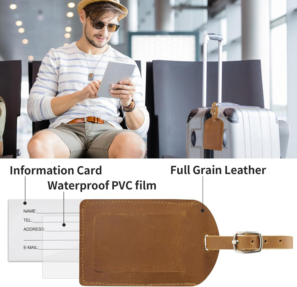 Etiqueta de equipaje de cuero genuino para maletas, etiquetas de identificación, etiquetas de bolsa para equipaje (paquete de 6)