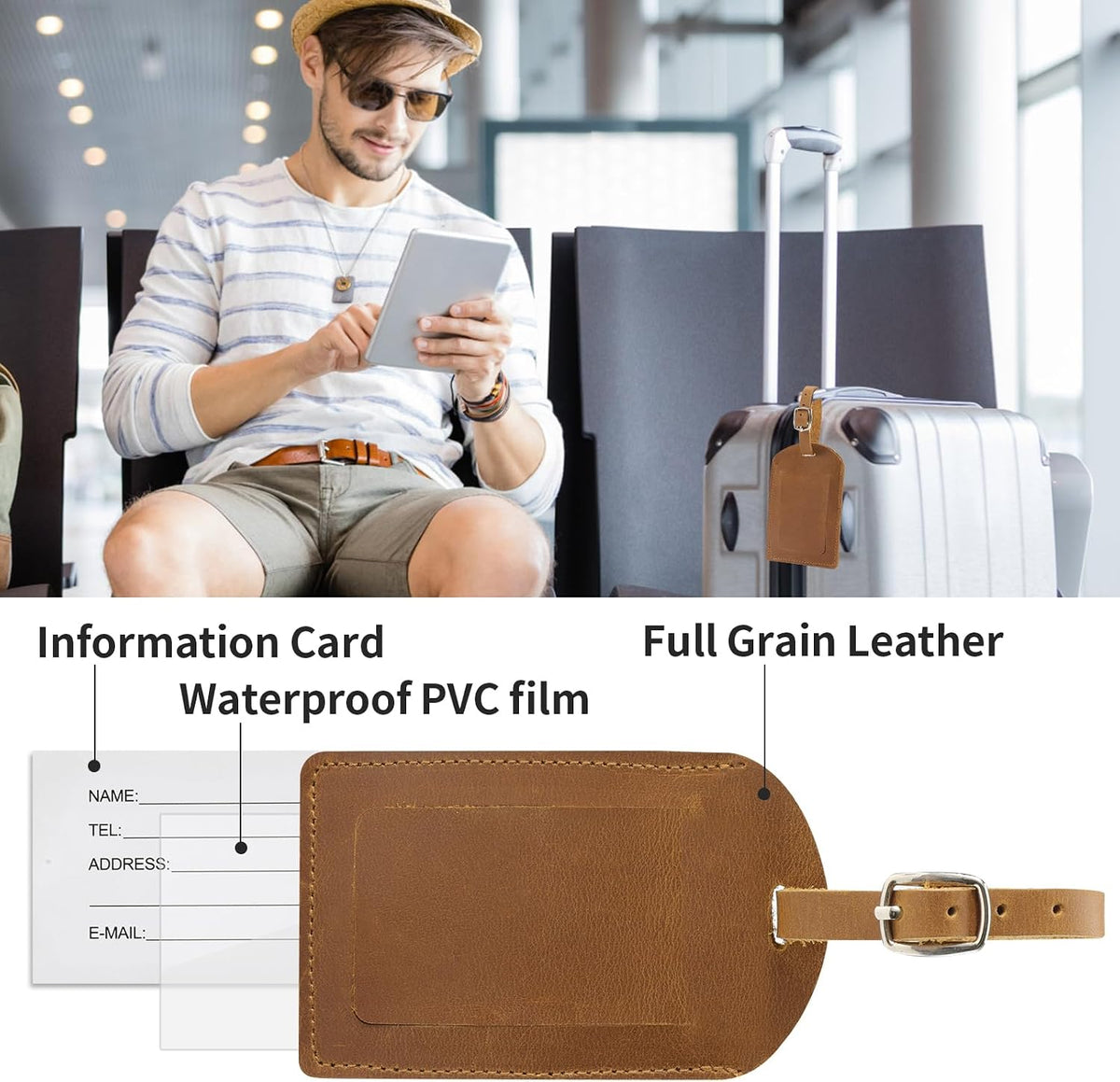 Etiqueta de equipaje de cuero genuino para maletas, etiquetas de identificación, etiquetas de bolsa para equipaje (paquete de 6)