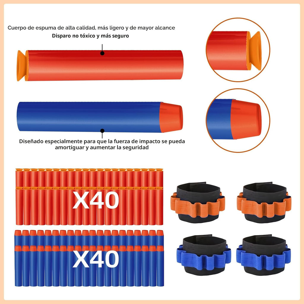 Juego de 4 Blasters para Niños de 5+ Años | 80 Dardos de Espuma y 4 Muñequeras | Regalo de Juguete de Batalla en Equipo - Navidad Cumpleaños Fiesta de Pascua
