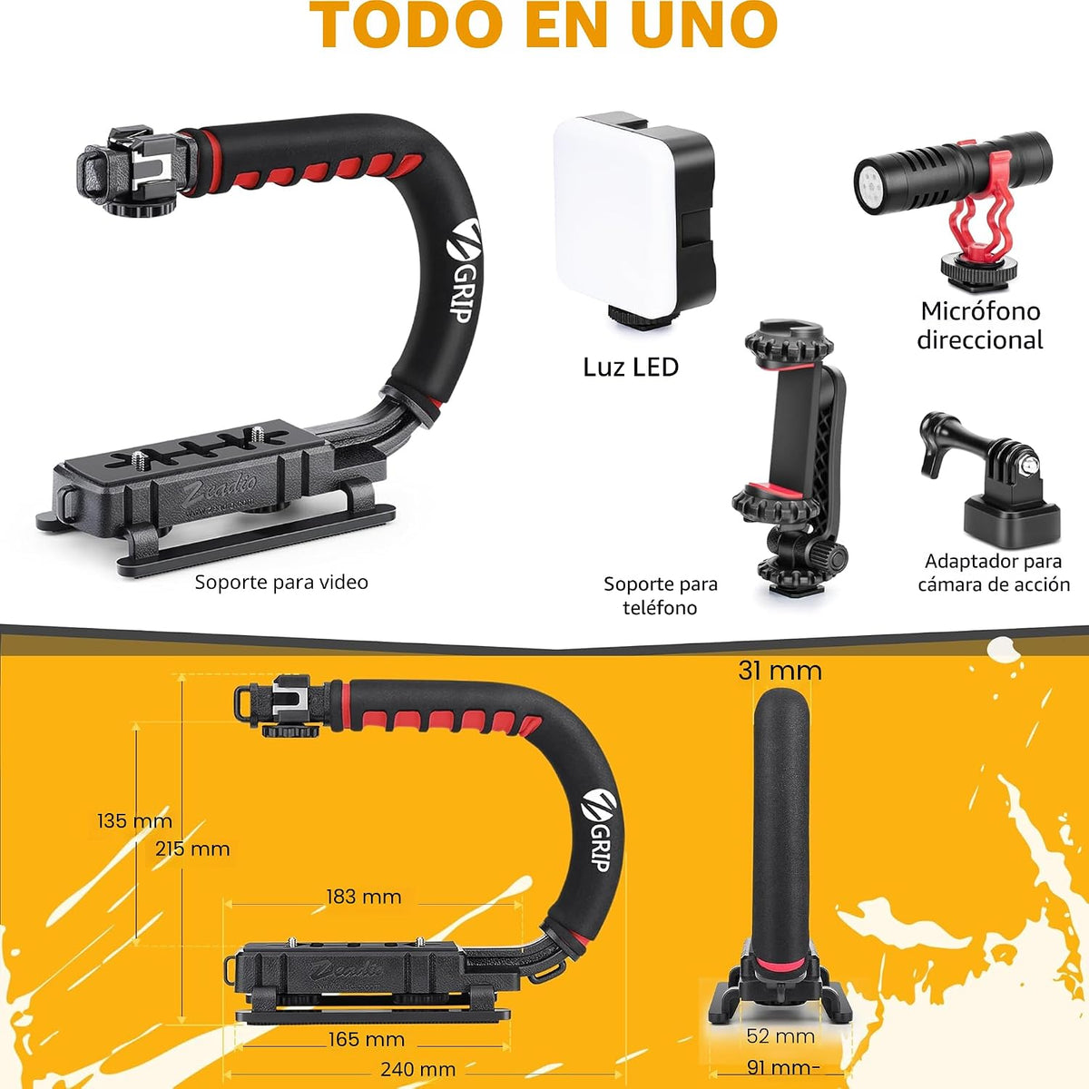 Zeadio Estabilizador de mano de video, kit de agarre de mango de cámara todo en uno con luz de video LED regulable, micrófono, soporte para teléfono, adaptador de cámara de acción para cine, vlogging, YouTube, TikTok, etc