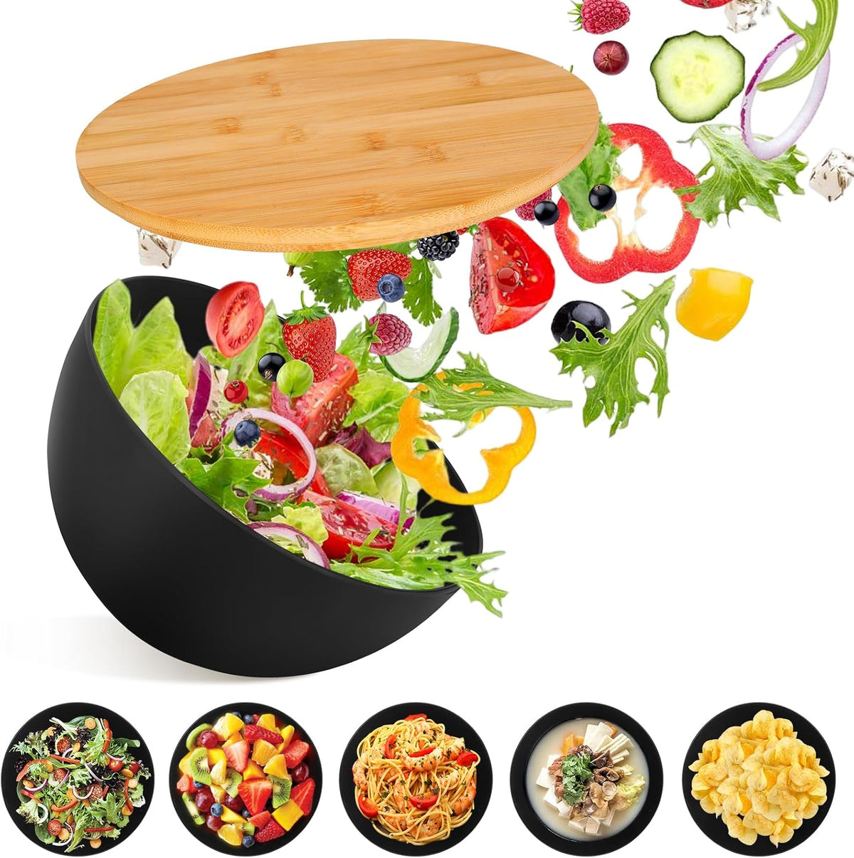 Juego de 3 cuencos de ensalada de fibra de bambú natural con tapas, tazón para preparar y servir ensalada, cereales, frutas, verduras, palomitas de maíz, papas fritas y pan (10, 8, 6 pulgadas)