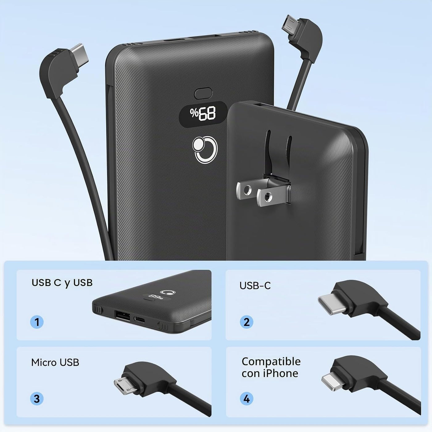 Cargador portátil de 10000 mAh con cables integrados y enchufe de p...