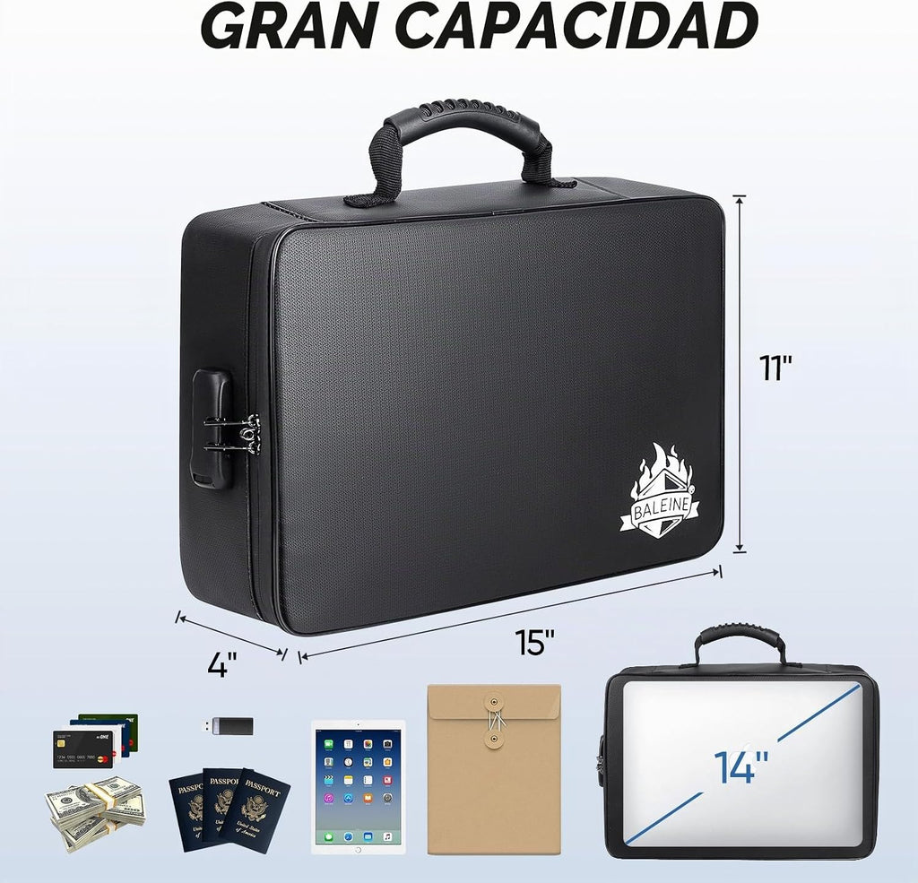 BALEINE Caja de Documentos Ignífuga con Cerradura, Bolsa de Documentos Ignífuga Portátil Impermeable Cajas de Archivos Ignífugas para Documentos, Caja Organizadora de Archivos para Papeleo Importante