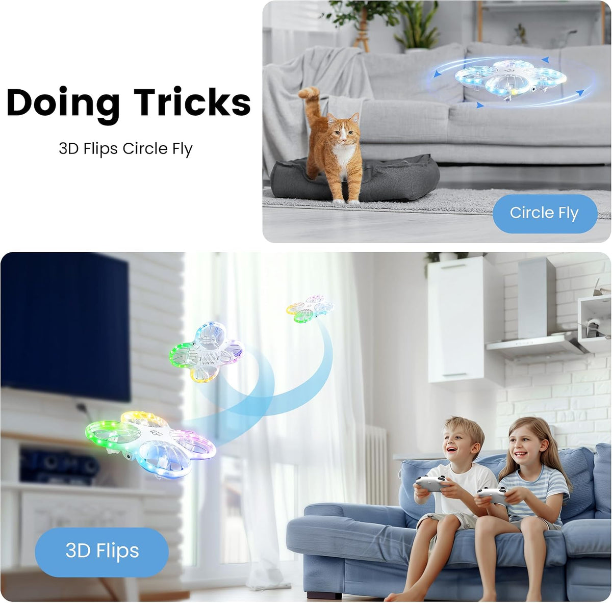 Ameta Morpho 1080P Drone con cámara para niños, luces RGB, 2 baterías