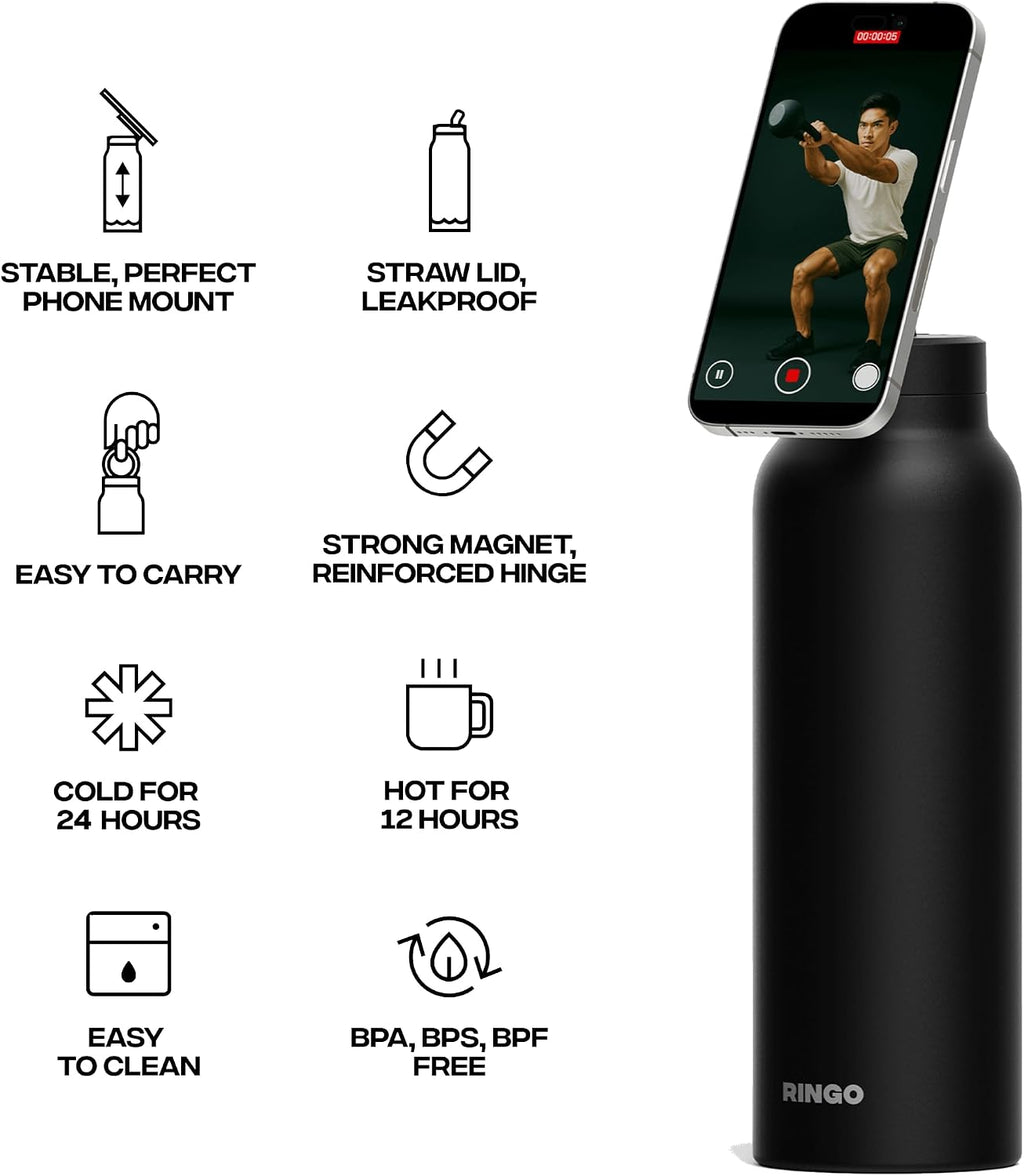 RINGO PRO Botella de agua aislada, soporte magnético para trípode para teléfono, negro, 24 onzas