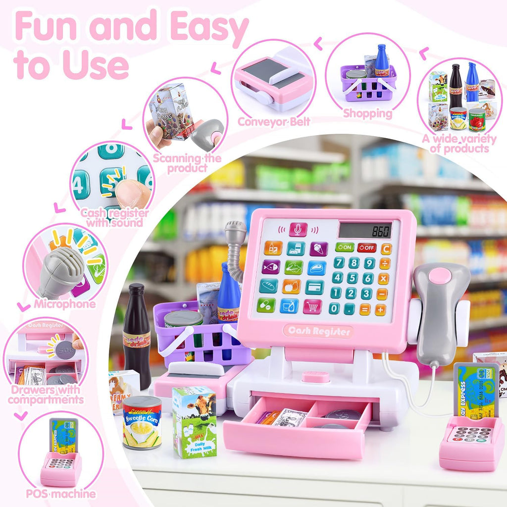 PLAY Caja registradora de juguete para niños - Juguetes de simulación de calculadora con micrófono/transportadores/dinero de juguete/escaner/tarjeta de crédito/latas/bebida, 3+ años. Juguetes