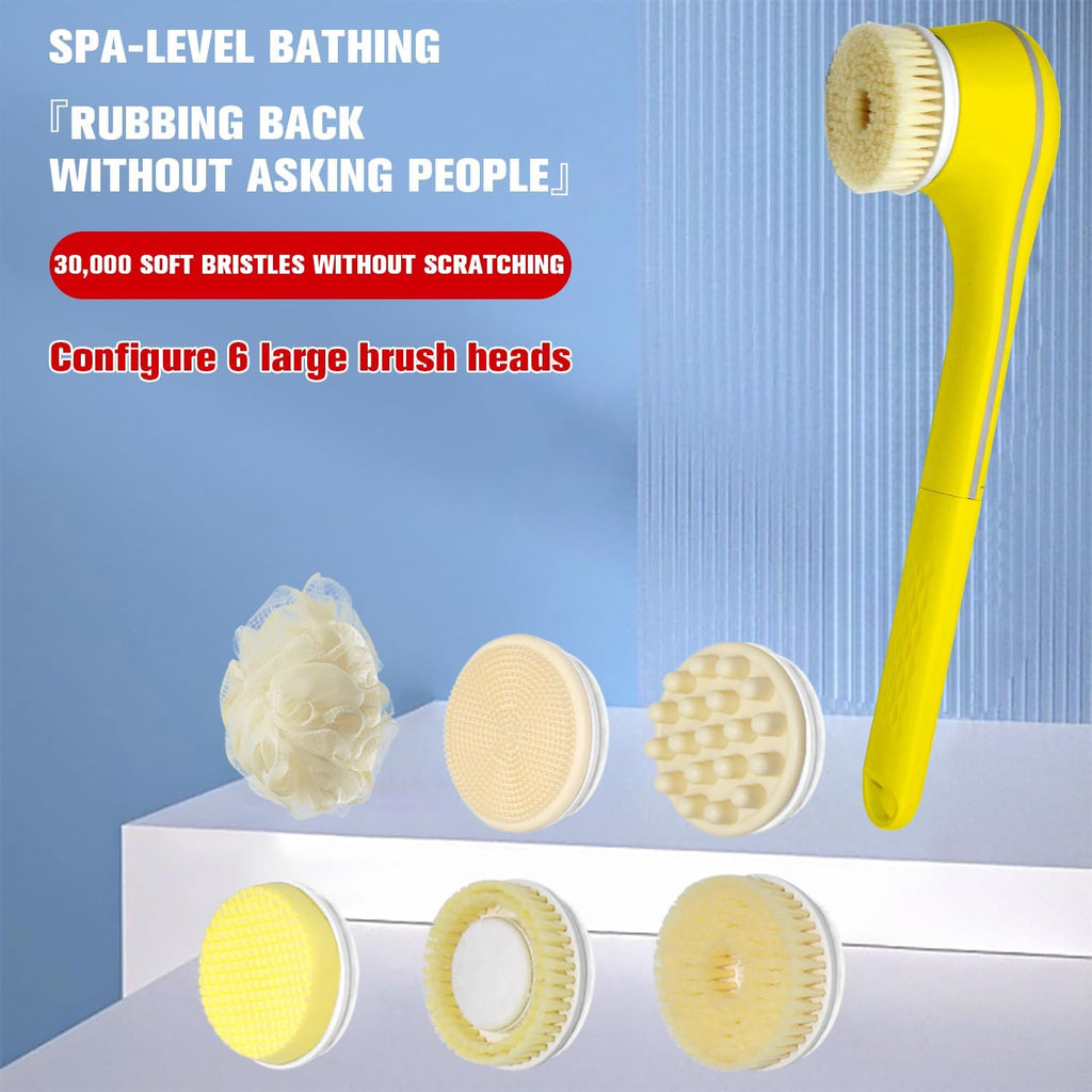 Juego de cepillos eléctricos para ducha, cepillo de baño exfoliante de mango largo para aplicador de loción de ducha para la espalda, limpiador corporal de silicona con 6 cabezales de cepillo de ducha