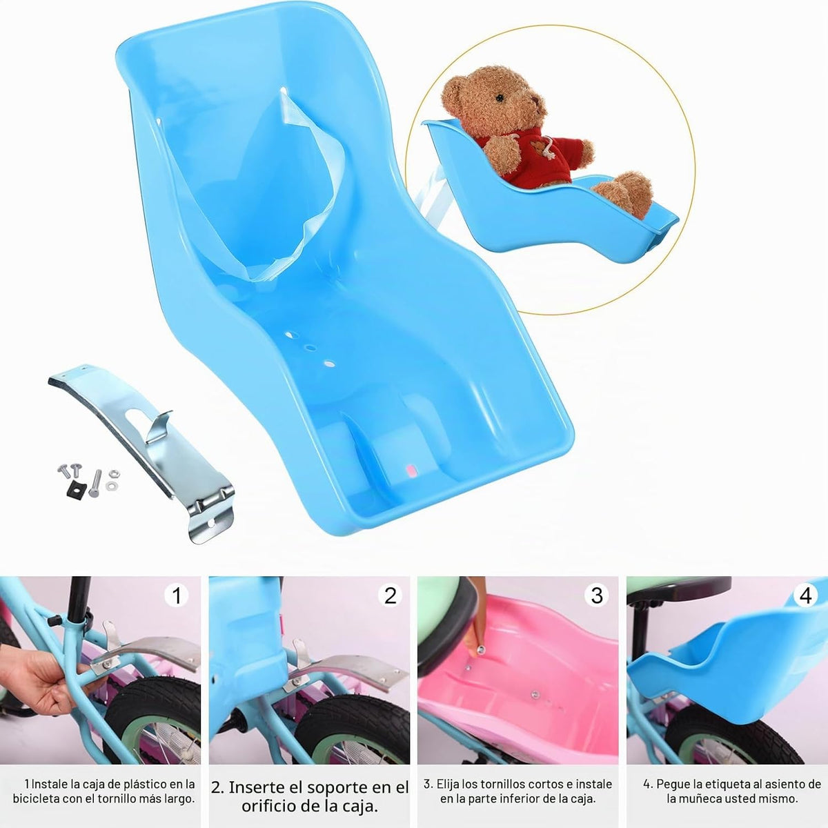 Asiento de bicicleta de muñeca con 30 calcomanías de calcomanías, cesta de bicicleta para niños, manillar de bicicleta, cintas coloridas, borla, margarita, campana de bicicleta para niñas
