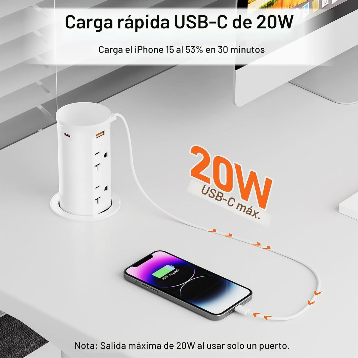 Toma de corriente desplegable de 20 A para encimera, tira de alimentación empotrada con agujero de 2.5 pulgadas, receptáculo resistente a manipulaciones, USB C de 20 W, 4 tomas, ahorro de espacio para cocina, escritorio de oficina, cable de extensión de 1