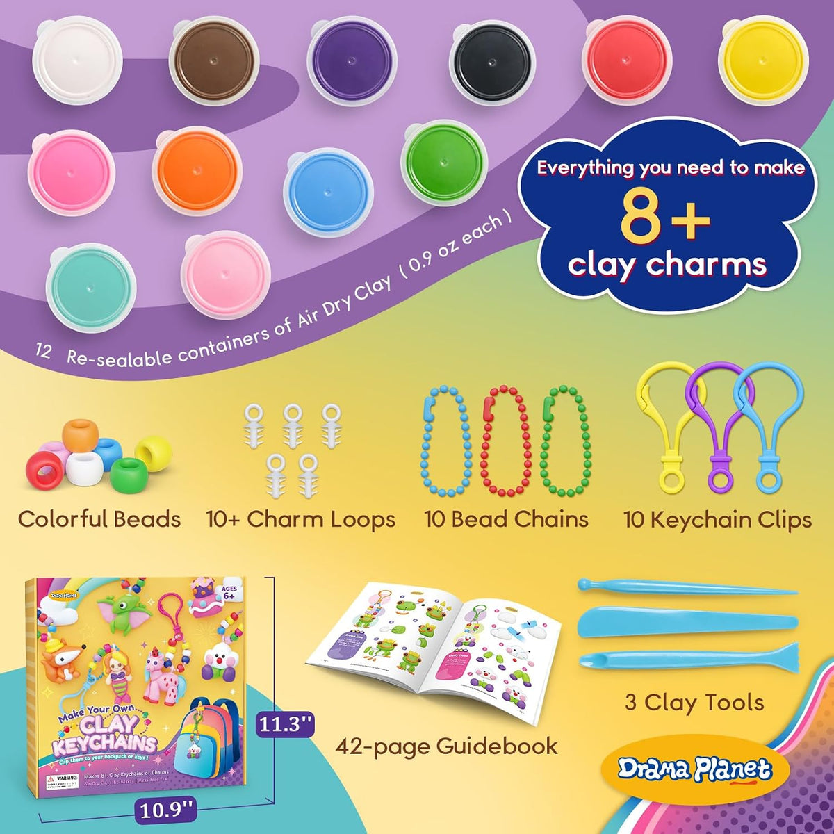 Kit de manualidades con arcilla para llaveros para niños, crea 8+ llaveros