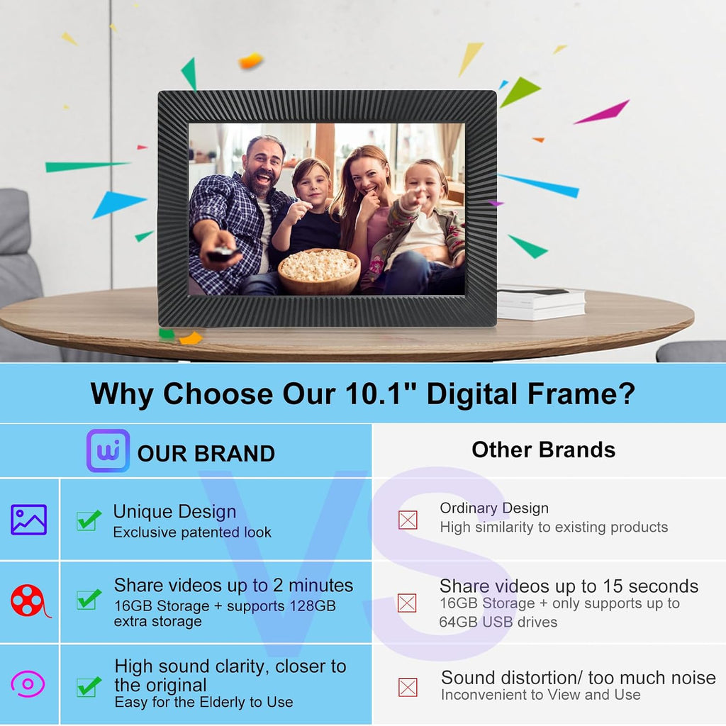 Frameo - Marco de fotos digital WiFi de 10.1 pulgadas con pantalla táctil HD IPS, resolución de 1280 x 800, almacena 30,000 fotos, sin tarifas mensuales, marco de fotos inteligente inalámbrico con