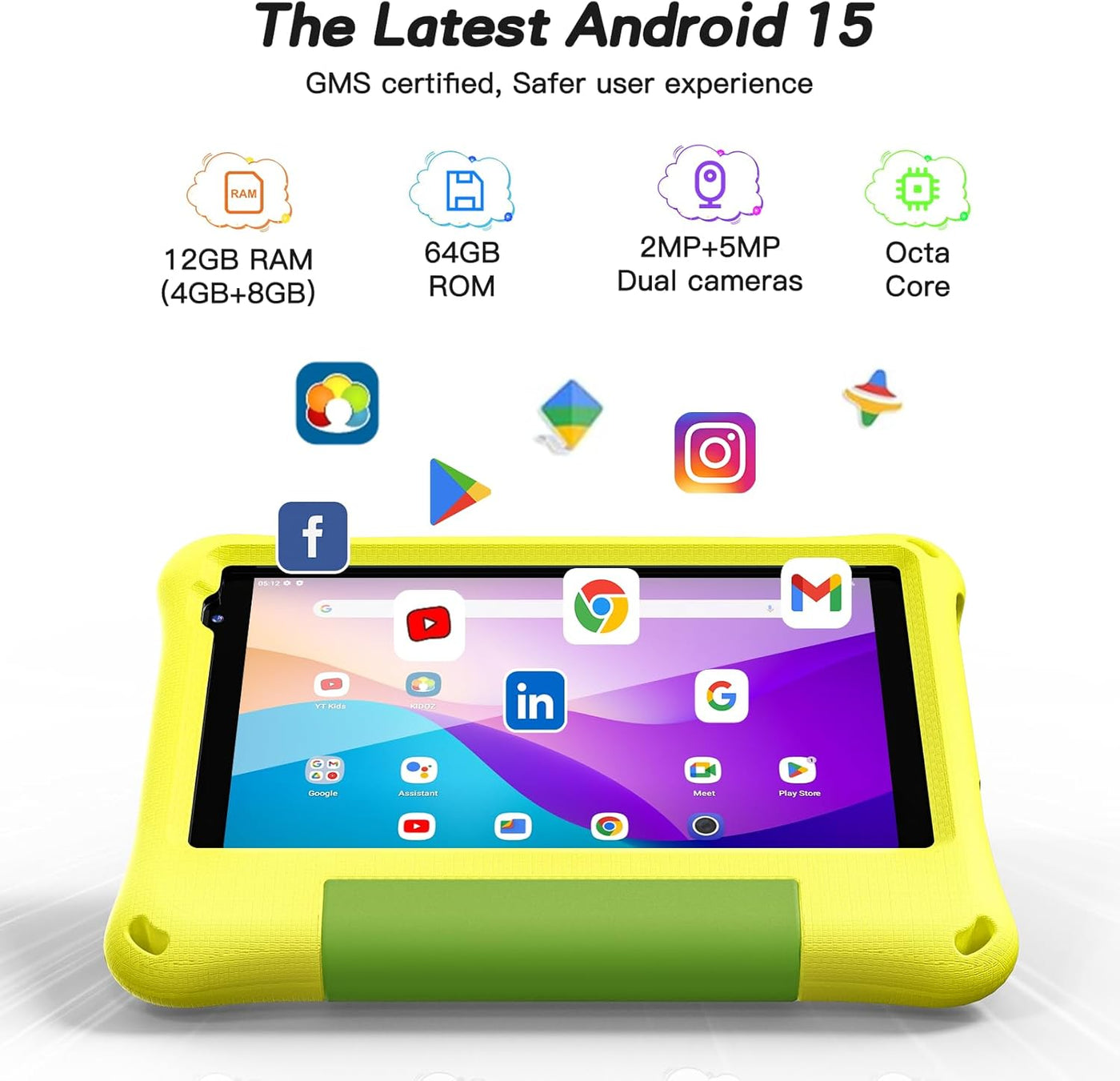 Tableta para niños de 8 pulgadas, Android 15, Octa-Core 12 GB de RA...