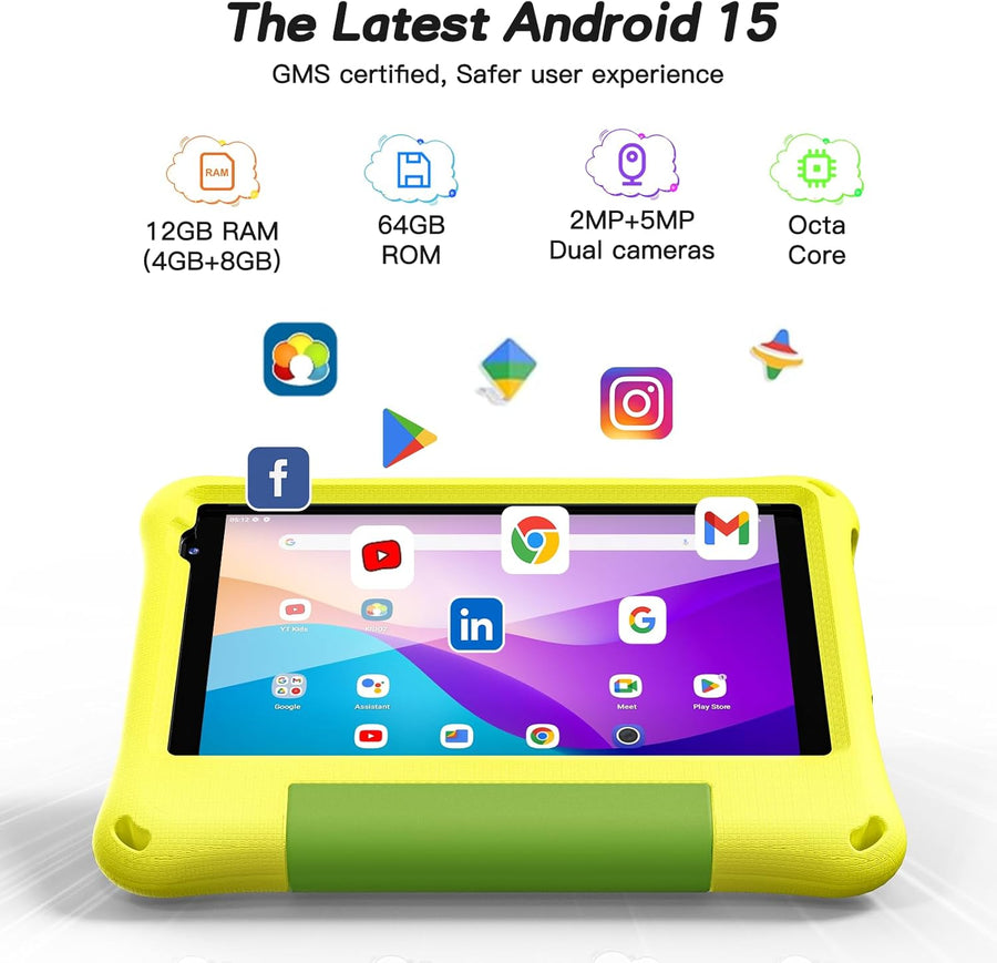 Tableta para niños de 8 pulgadas, Android 15, Octa-Core 12 GB de RA...