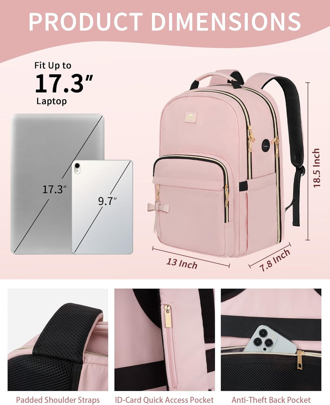 MATEIN Mochila rosa para laptop, 17 pulgadas, aprobada por la TSA,...