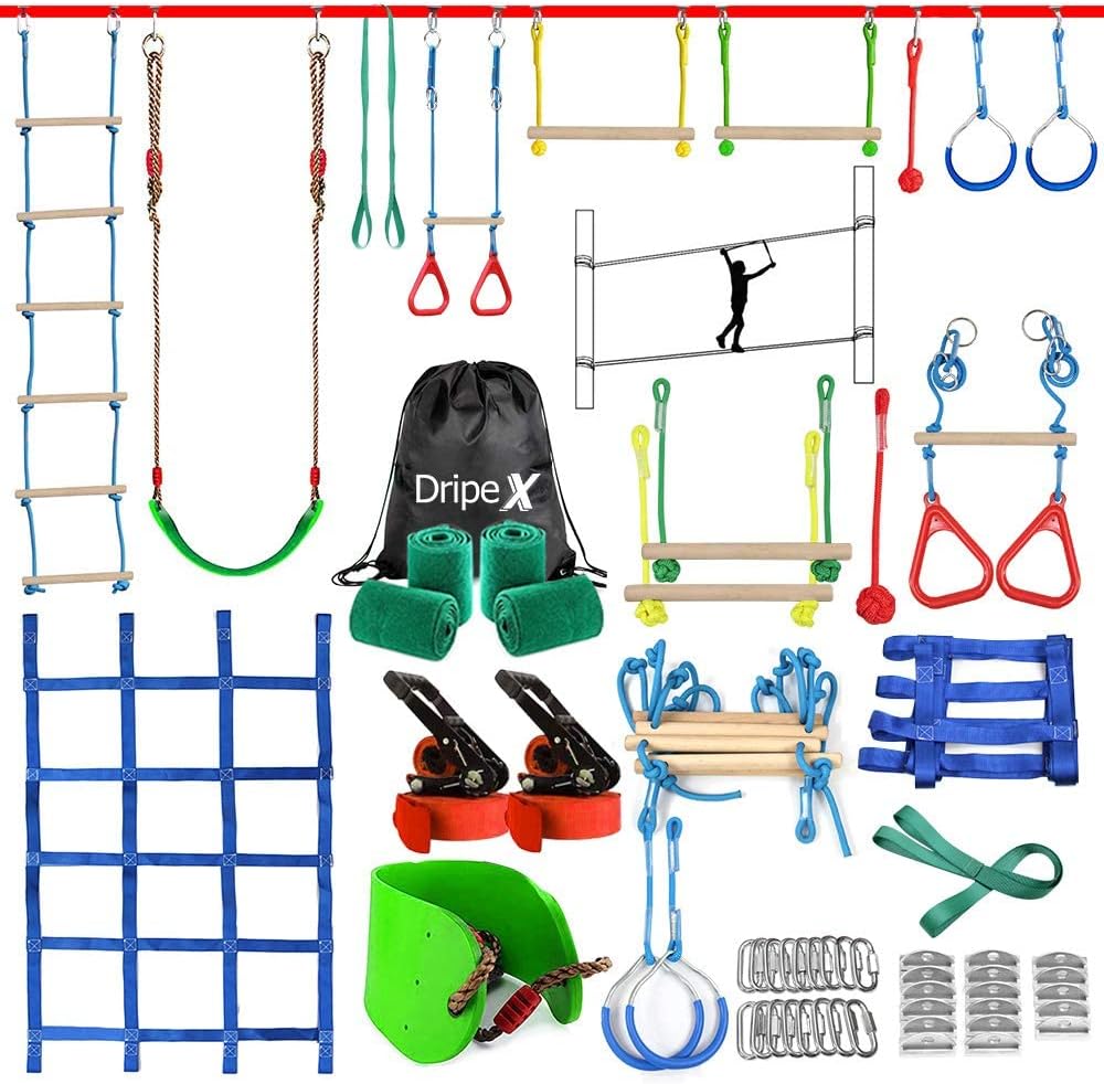 Dripex - Carrera de obstáculos ninja warrior de 50 pies para niño con accesorios completos, columpio, trapecio, escalera de cuerda, red de obstáculos más entrenador de brazos de 3.9 pies
