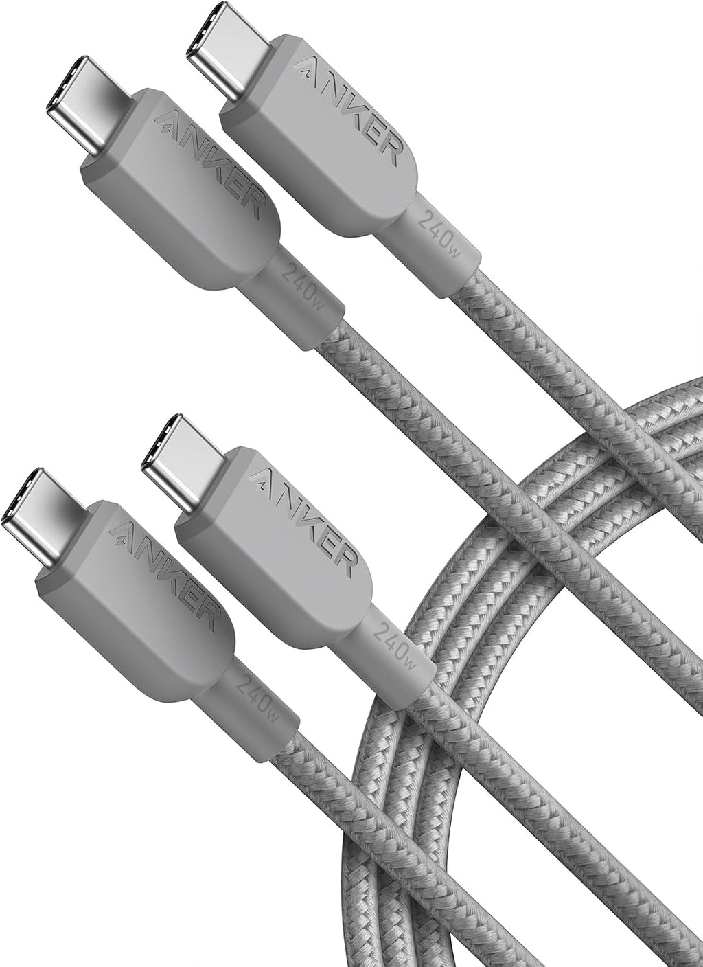 Anker Cable USB-C a USB-C, Carga Rápida 240W (Paquete de 2, 6 ft, Gris)