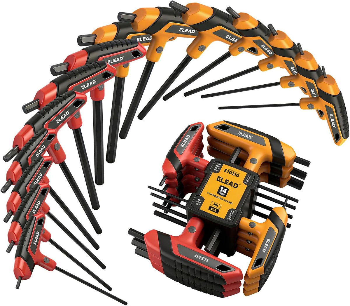 Juego de llaves Allen con mango en T, métricas de 0.098 in-0.394 in y llave hexagonal portátil SAE de 1/8"-3/8", juego de llaves Allen de brazo largo con estante de almacenamiento para