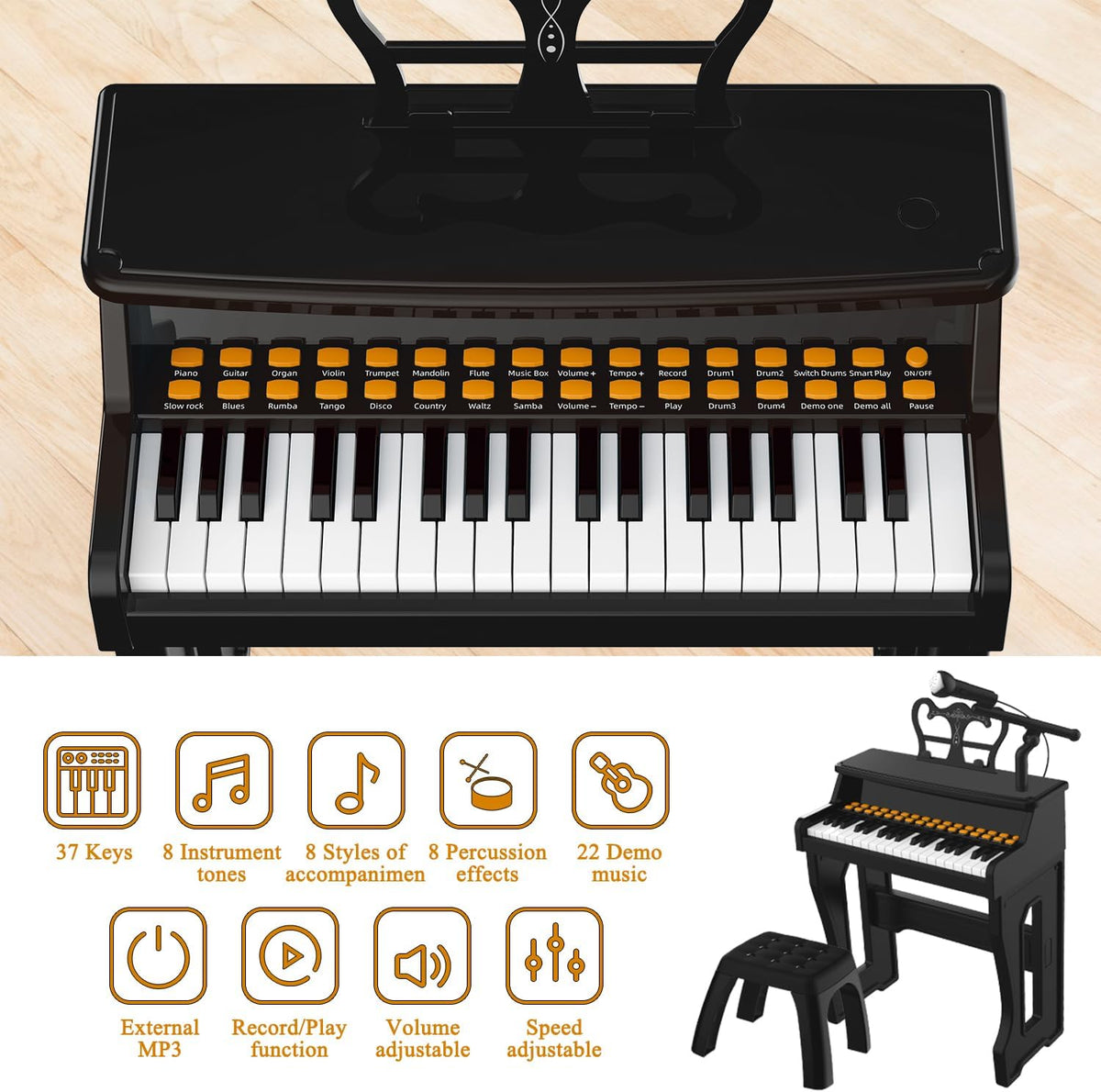 Dollox Piano de teclado para niños, juguetes de piano para niños pequeños, 37 teclas, instrumentos musicales para niños, teclado eléctrico, pianos de bebé para principiantes, mini juguete musical con taburete, regalo de cumpleaños para edades de 3, 4, 5