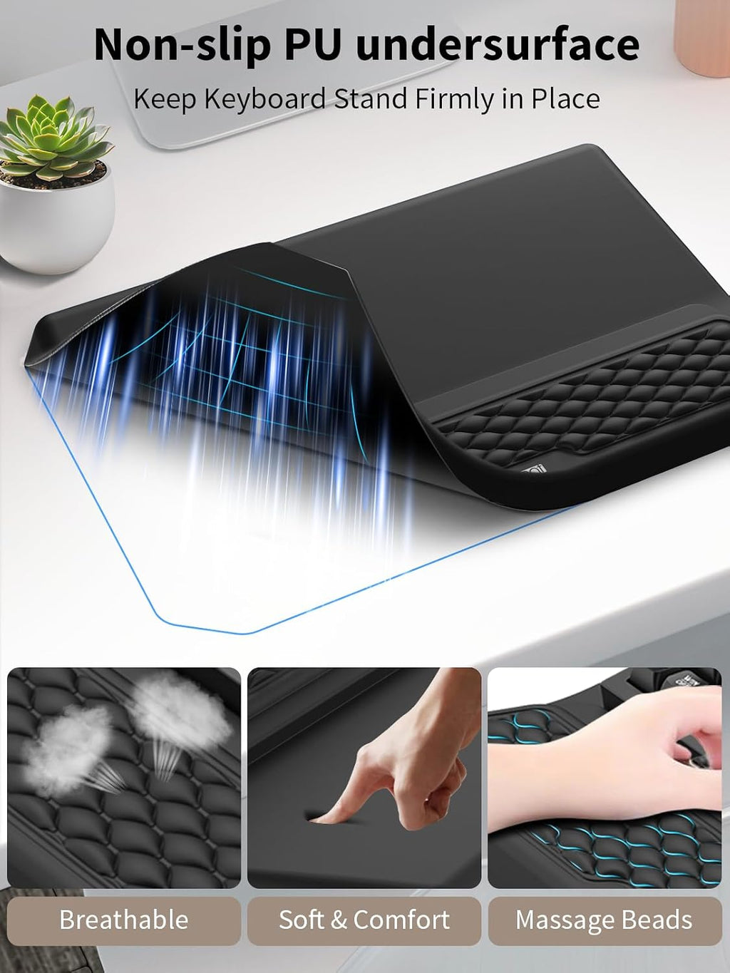 Set de teclado ergonómico 3 en 1 con soporte para muñeca y alfombrilla para ratón, negro