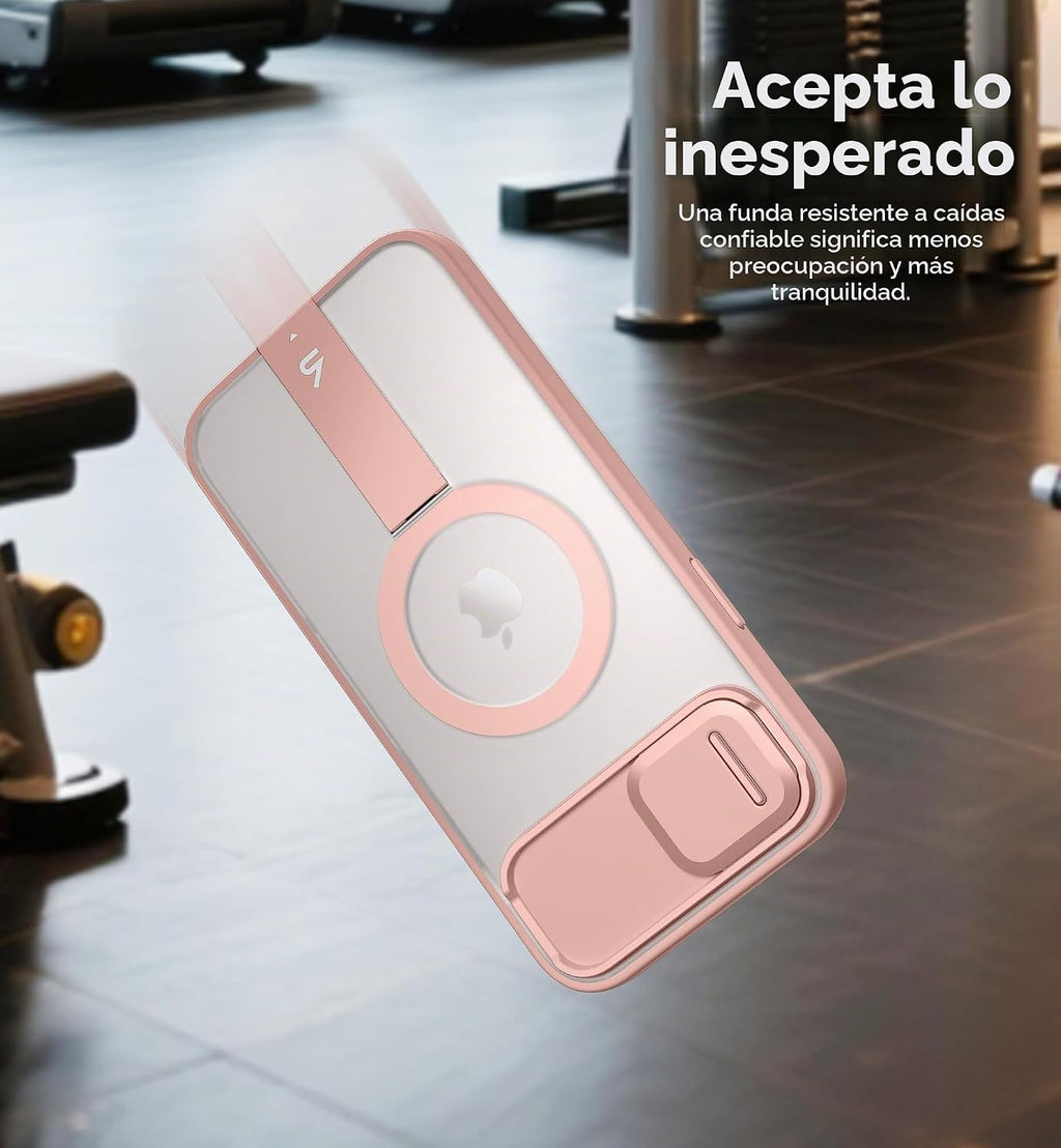 SURITCH Funda para iPhone 13/14, compatible con MagSafe, soporte integrado y cubierta de cámara y parte trasera translúcida, funda protectora resistente a prueba de golpes de 6.1 pulgadas, rosa