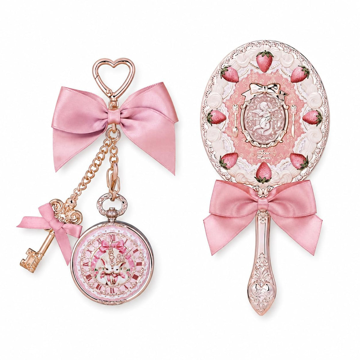 Flower Knows Bunny Garden - Bálsamo labial y colgante para bolsa, llavero rosa y espejo de mano de cupido de fresa, espejo de maquillaje decorativo rosa