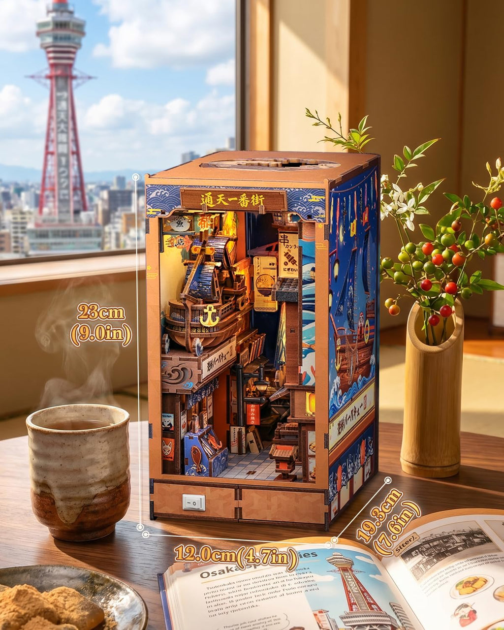 CUTEBEE Kit de rincón de libros para adultos, kit de casa en miniatura plegable japonés, estantería LED, decoración decorativa para el hogar, regalos de manualidades de construcción de modelos para