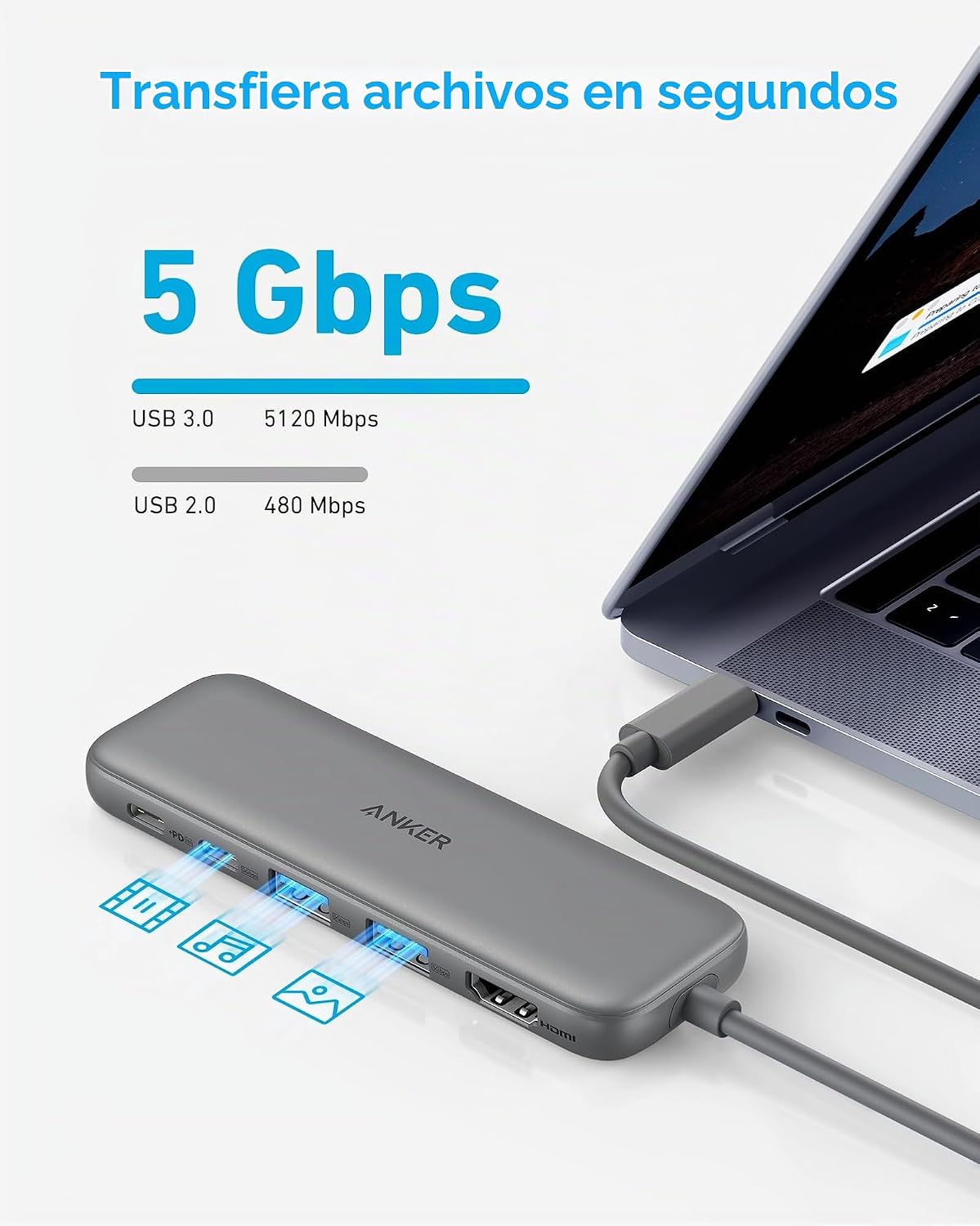 Anker Hub USB C, divisor USBC a HDMI 5 en 1 con pantalla 4K | PD má...