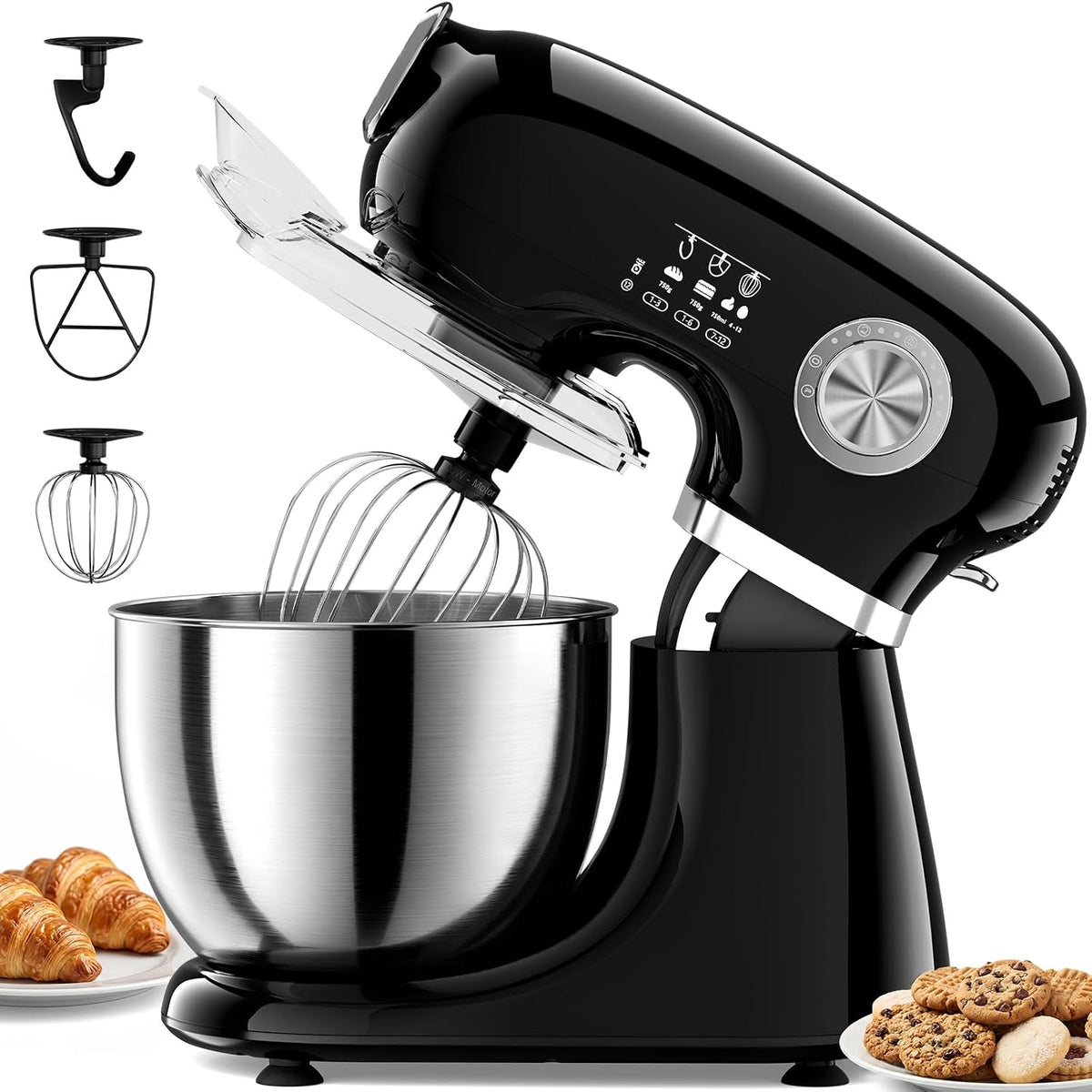 COWSAR Batidora de pie, batidora eléctrica comercial de 12 velocidades, batidora de cocina 3 en 1 con tazón, gancho para masa, batidor y batidor, negro