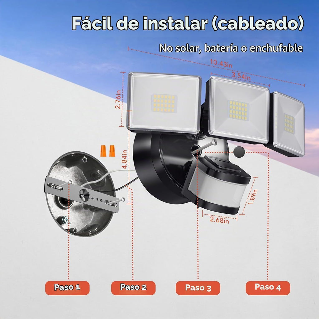OREiN Luz de inundación para exteriores con sensor de movimiento de 4500 lm para seguridad del hogar, brillante sin deslumbramiento, rango de 180° de gran angular de 50 pies
