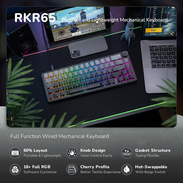 RK ROYAL KLUDGE R65 Teclado para juegos con cable con perilla de vo...