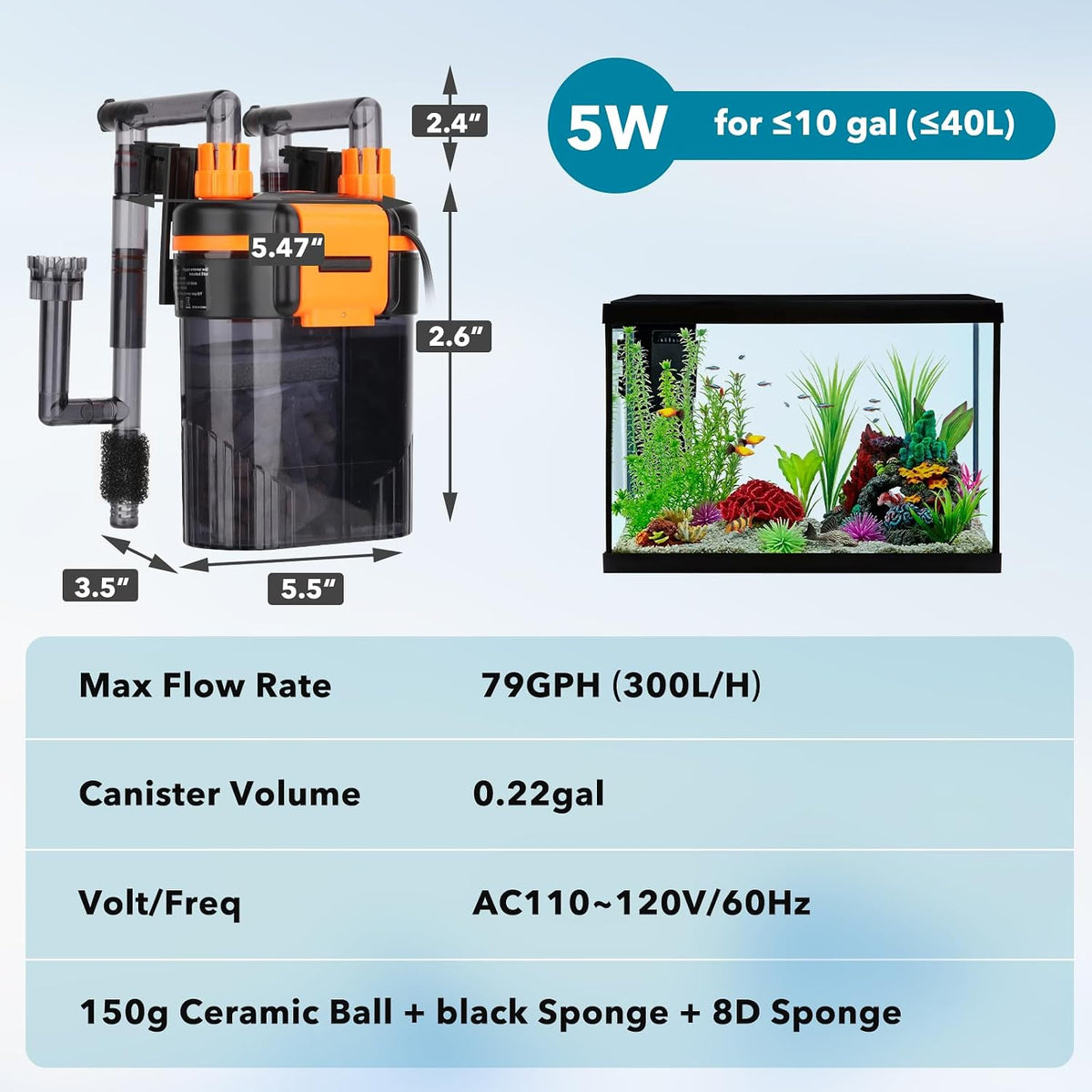 hygger Filtro externo de acuario para colgar en la parte posterior, filtro silencioso para tanque de peces con filtración de 3 etapas, motor antiquemado en seco, flujo ajustable, desnatador de aceite