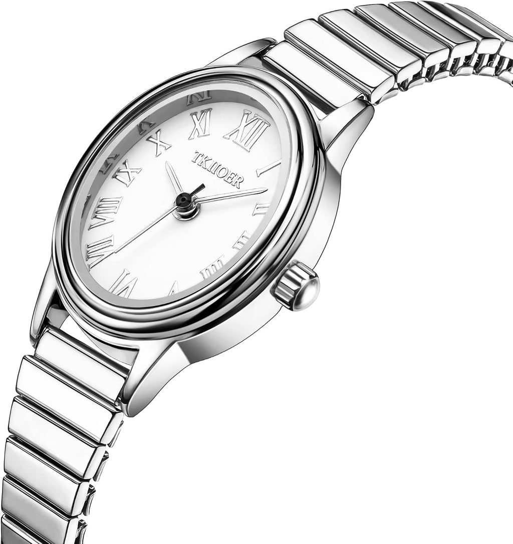 Relojes pequeños de oro para mujer, reloj analógico de esfera fácil de leer, caja ovalada, banda de expansión de acero inoxidable, reloj impermeable