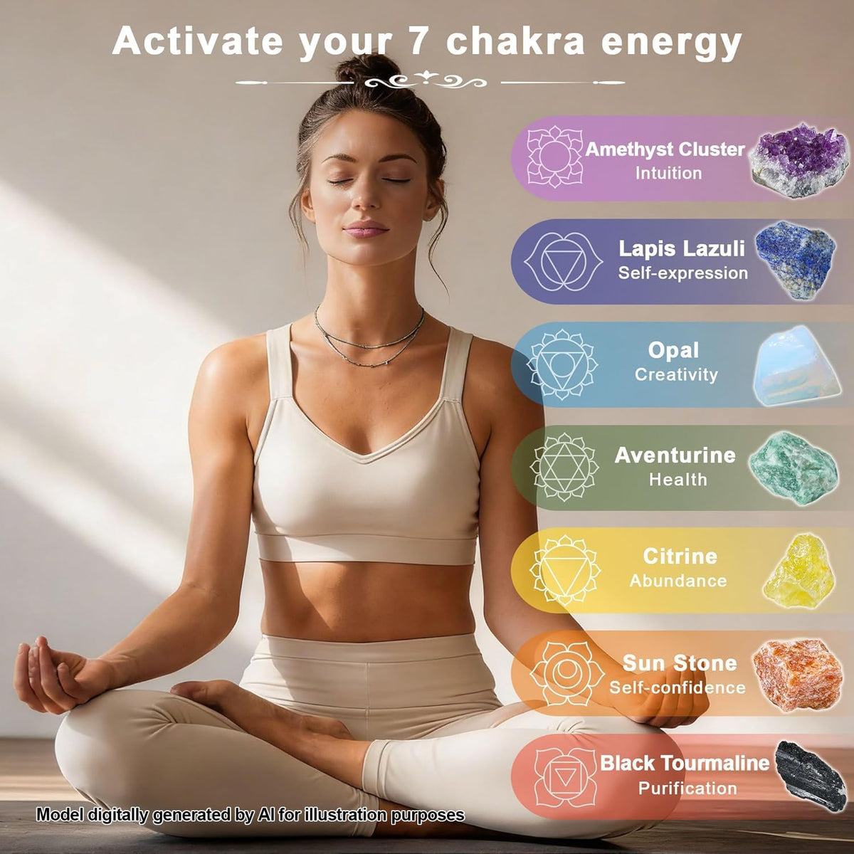 Juego de 7 cristales curativos de chakras con tarjetas guía