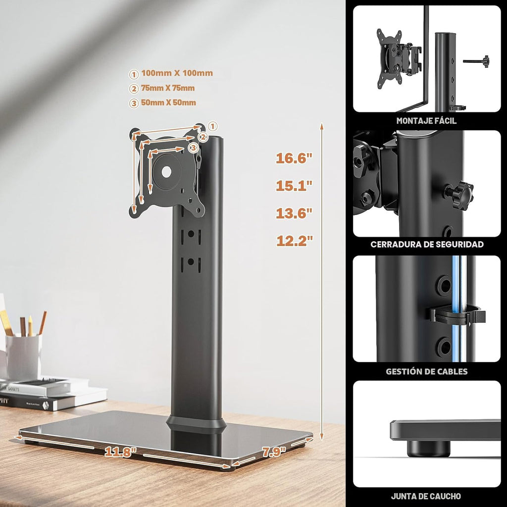Soporte de escritorio independiente elevador de montaje para monitor de computadora LCD individual para pantalla de 13 a 32 pulgadas con giro, altura ajustable, rotación, soporte base Vesa sostiene