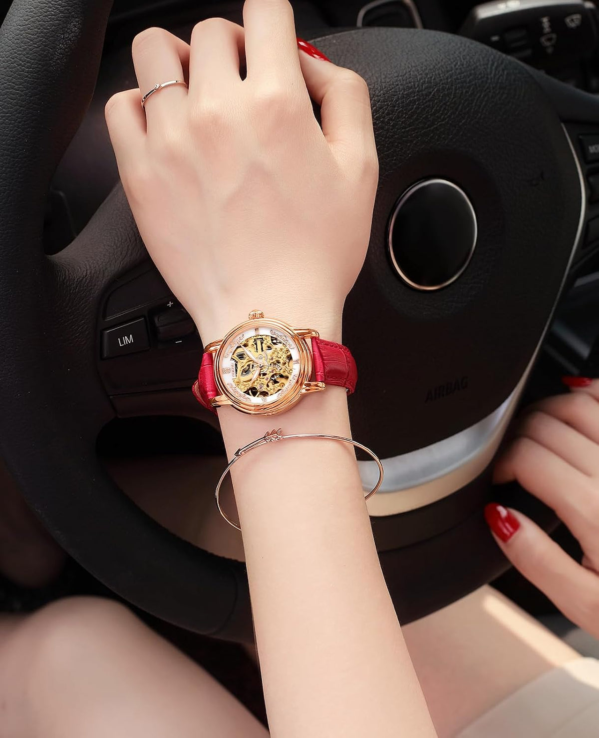ROCOSJEWE Reloj de pulsera automático mecánico de lujo para mujer, esfera esqueletizada en oro rosado, manecillas luminiscentes, correa de cuero roja, reloj de vestir de moda para mujer, reloj esqueletizado autofaciente resistente al agua, regalo para