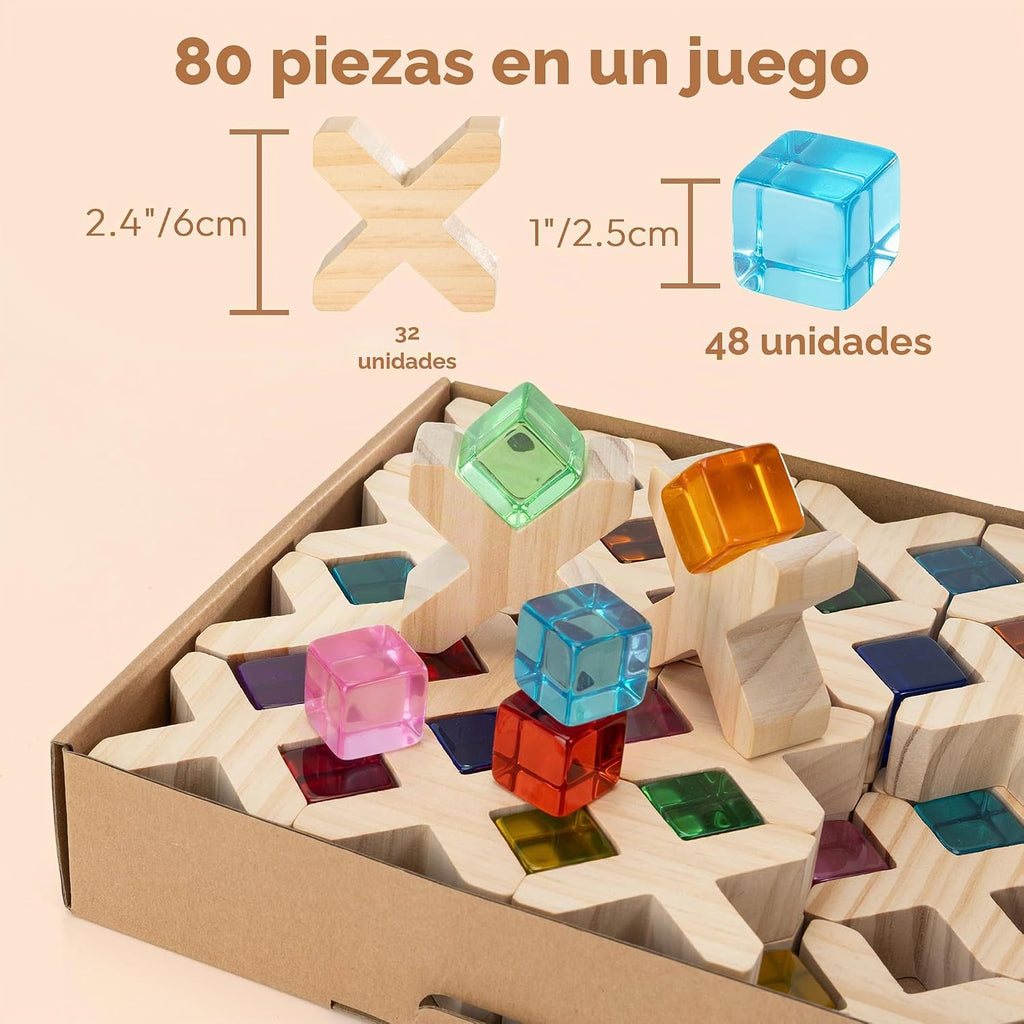Woodtoe Juego de 80 bloques de construcción de arcoíris, bloques de madera
