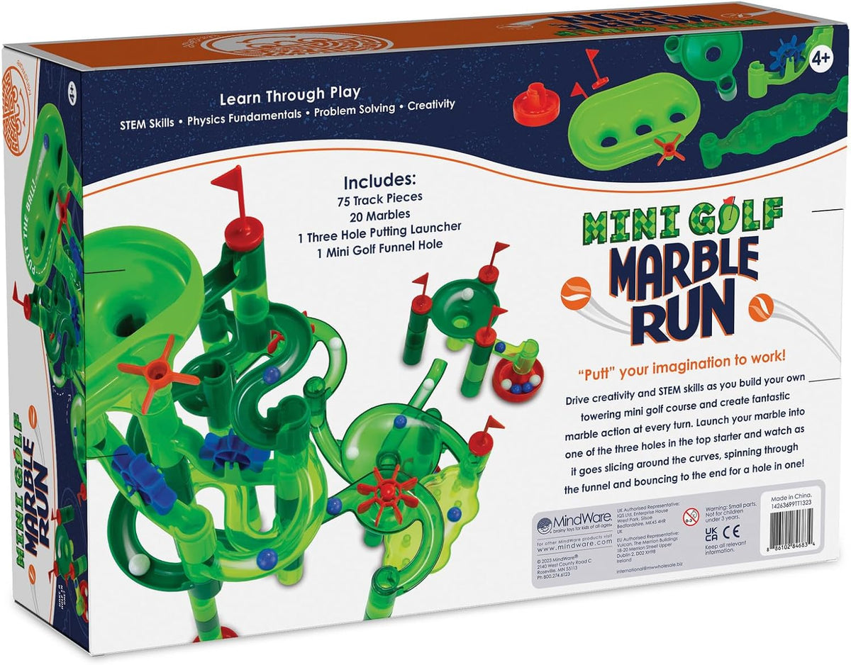 MindWare Marble Run Mini Golf – Juguetes de construcción para niños de 4 a 8 años – Giro único en la carrera clásica de canicas para niños de 4 a 8 años – Laberinto de mármol incluye 75 piezas de pista, 20 canicas y nuevos componentes emocionantes