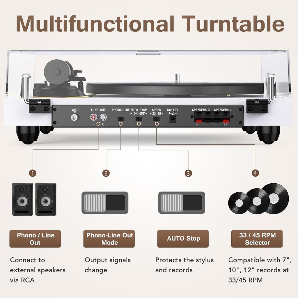 Seasonlife® Tocadiscos inalámbrico de entrada y salida, reproductor de vinilo de alta fidelidad con contrapeso ajustable y antideslizante, preamplificador de teléfono integrado, cartucho AT-3600L para