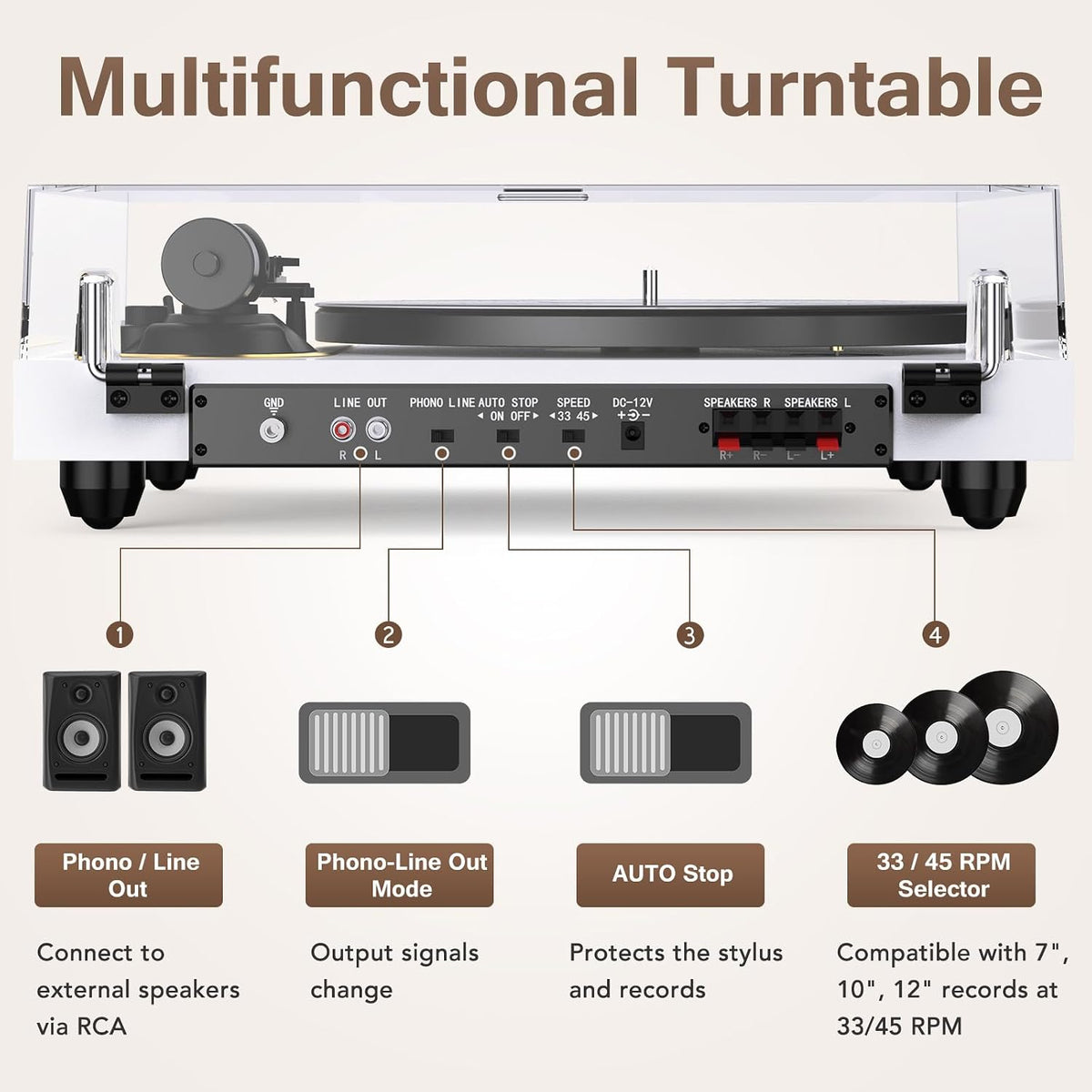 Seasonlife® Tocadiscos inalámbrico de entrada y salida, reproductor de vinilo de alta fidelidad con contrapeso ajustable y antideslizante, preamplificador de teléfono integrado, cartucho AT-3600L para