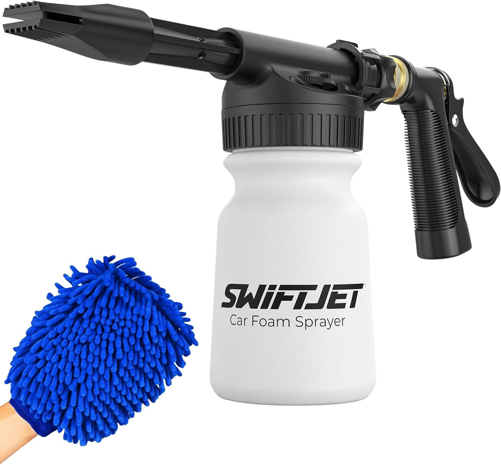 SwiftJet Pistola de espuma para lavado de autos + guante de microfibra – Funciona con cualquier jabón – Pulverizador de espuma para manguera de jardín – Kit de lavado de coche de cañón de espuma – Accesorios de coche Pistola de espuma negra con manopla