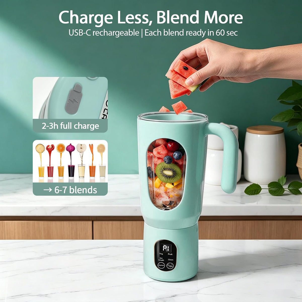 Batidora portátil para batidos, 580ML USB-C recargable Juicer Cup (verde)