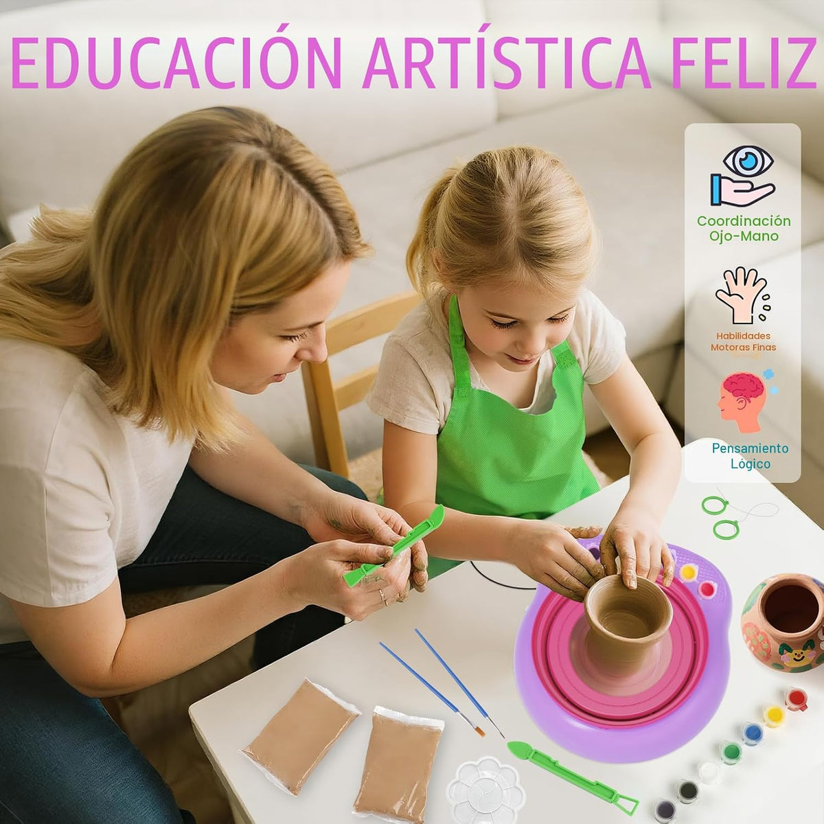 Rueda de cerámica para niños, kit completo con arcilla seca al aire