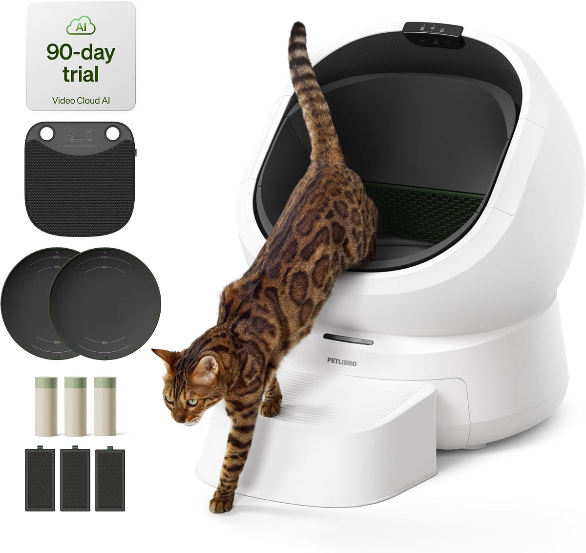 PETLIBRO Caja de arena automática con kit de accesorios y prueba de IA de 90 días, gran caja de arena autolimpiante con parte superior abierta con análisis de residuos de cámara AI, reconocimiento de
