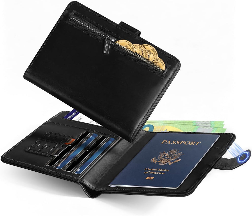 Soporte para pasaporte para familia de viajes: Cartera de cuero de grano completo para pasaporte para hombres - Cartera delgada con hebilla magnética con bloqueo RFID para billete aéreo SIM