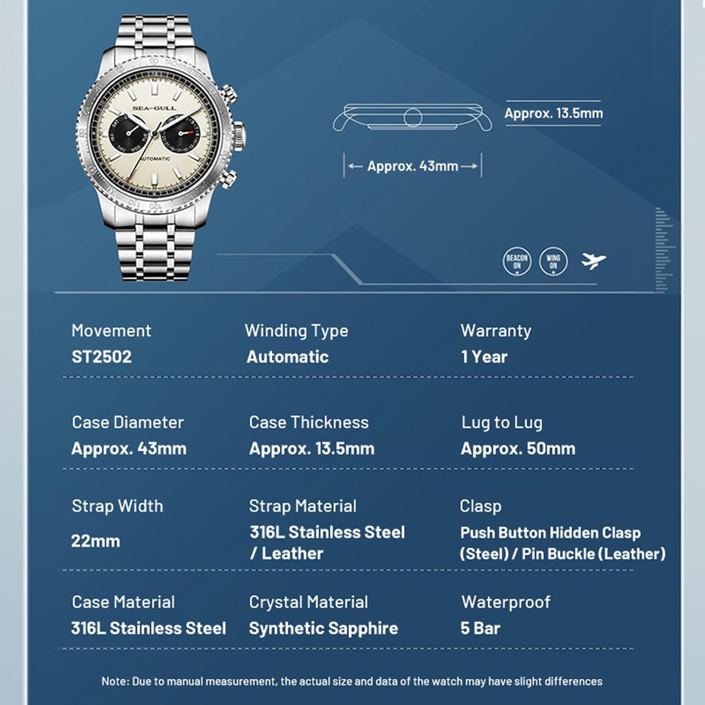 SEA-GULL Relojes mecánicos para hombre, GMT con calendario dual, diseño ojo de panda, reloj de pulsera automático, Seagull ST2502, taquímetro, luminoso, 6177