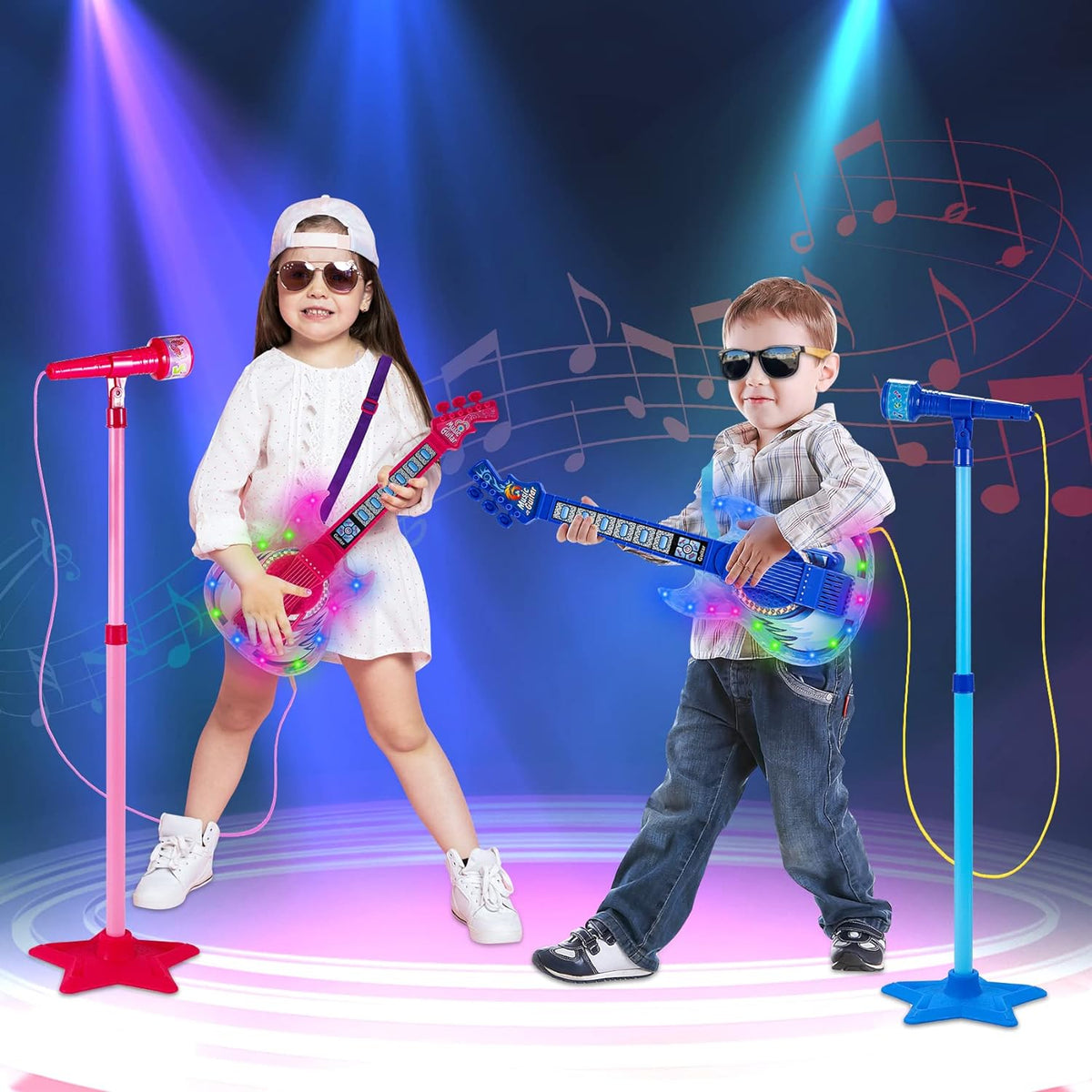 Juego de guitarra y micrófono para niñas, máquina de karaoke con música y luz, juguetes de micrófono con soporte, juguetes de guitarra de altura ajustable para niños, niños pequeños (rojo)