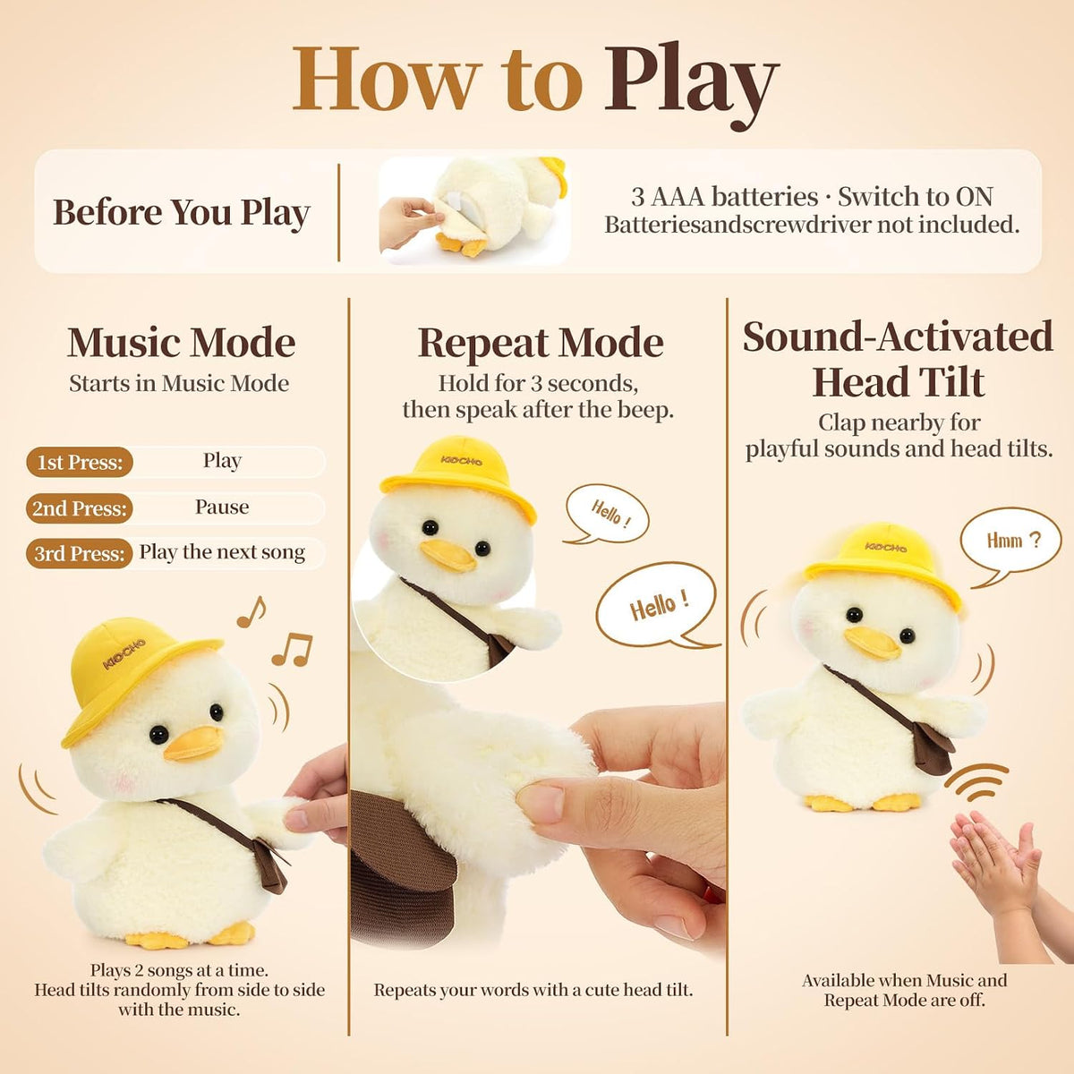 Juguete de peluche de pato, juguete musical sensorial interactivo