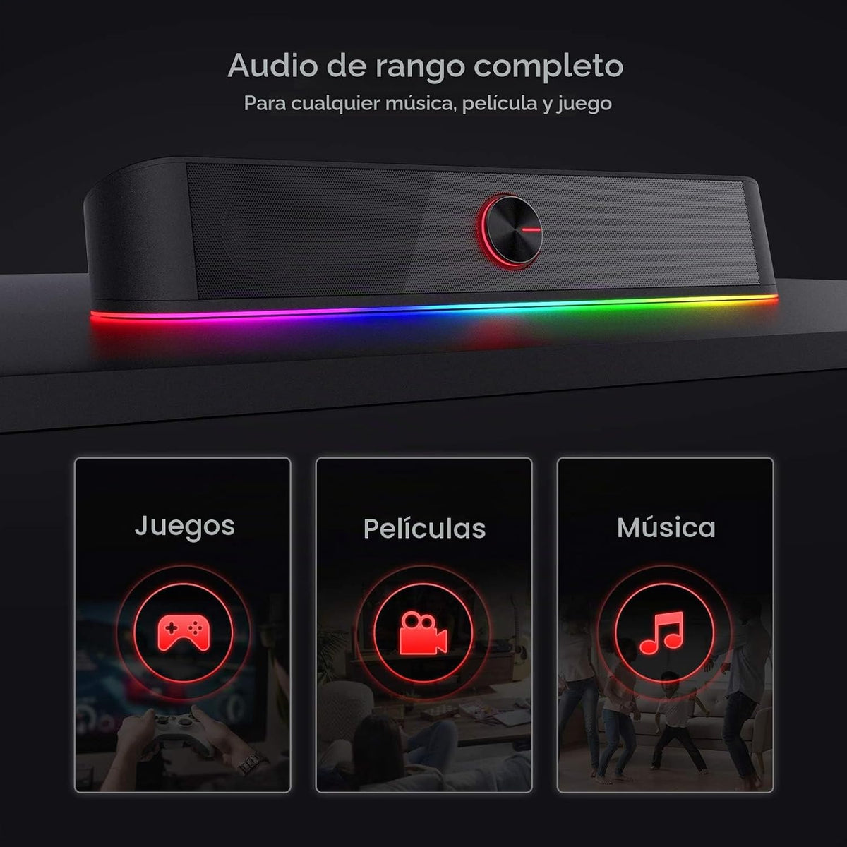 Redragon GS560 RGB Barra de sonido de escritorio, altavoz de computadora de 2.0 canales con barra de iluminación dinámica sincronizada con audio-luz/pantalla, retroiluminación con control táctil y