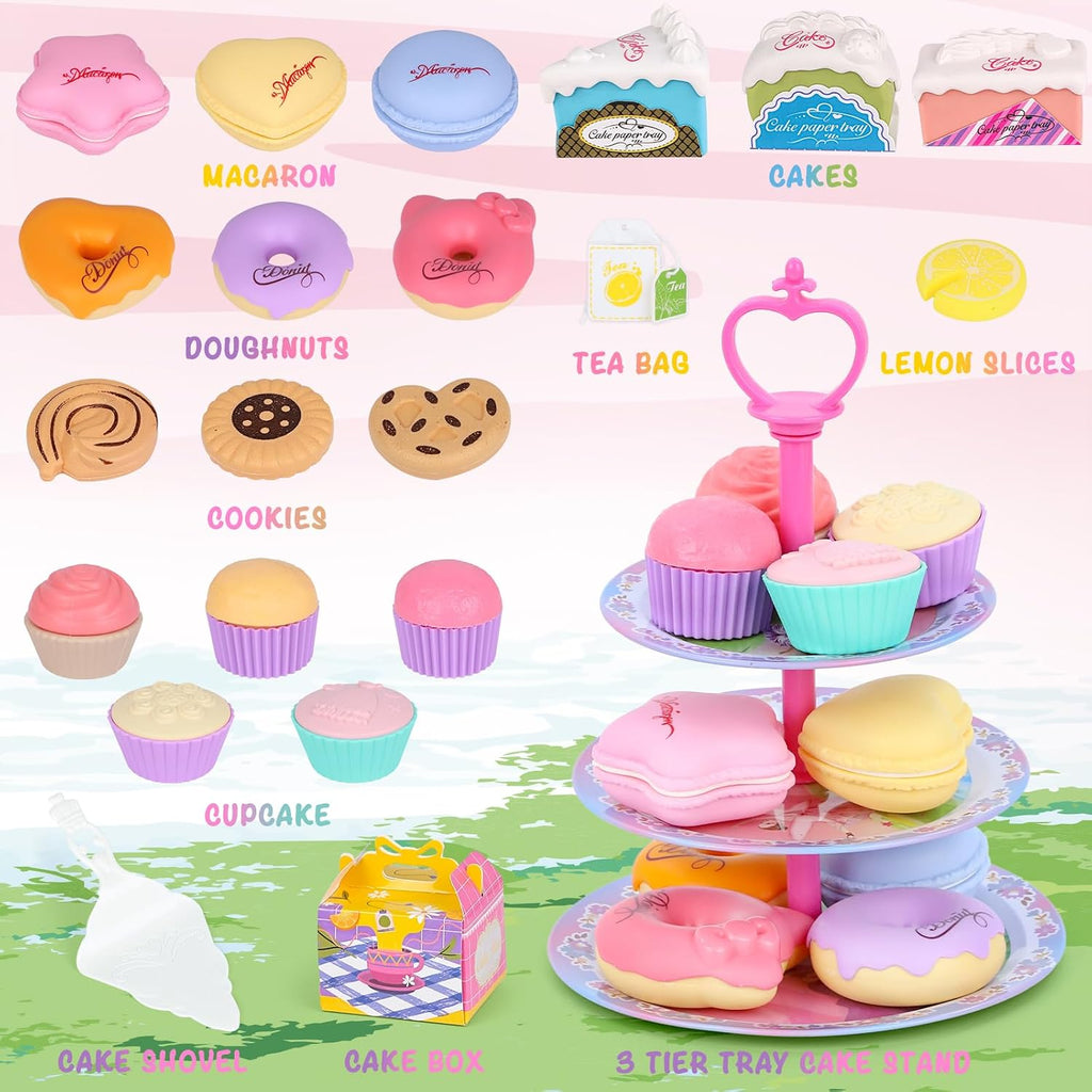 Juego de fiesta de té para niños de 3 a 5 años, juego de té musical de 53 piezas para niñas pequeñas con postres, galletas, donas, pastel, soporte para pastel, mantel y estuche de transporte, juguetes