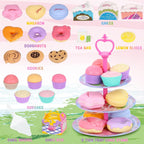 Juego de fiesta de té para niños de 3 a 5 años, juego de té musical de 53 piezas para niñas pequeñas con postres, galletas, donas, pastel, soporte para pastel, mantel y estuche de transporte, juguetes